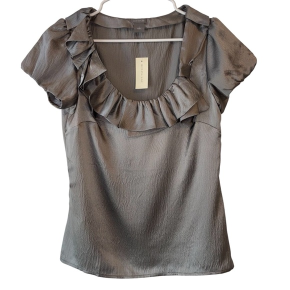 Ann Taylor | NWT | Silk Ruffle Scoop Blouse | Gray | Size 6 - Picture 8 of 9